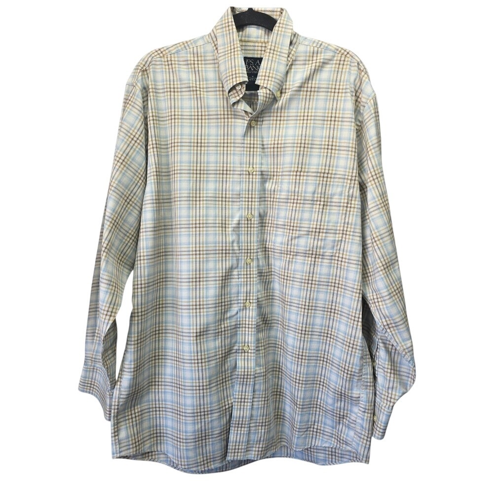 Jos A Bank Travelers Collection Mens Medium Blue Tan Plaid‎ Cotton Button Down